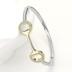 OUT OF STOCK CZ Stone Paved Horsebit Accented Hinged Bangle Bracelet